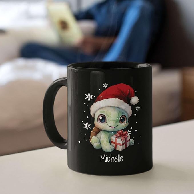 Coffee Mug With Xmas Turtle Design, Personalized Turtle Wearing Santa Hat Cup, Cute Baby Animal Black Mug 11oz 15oz, Custom Christmas Ceramic Cup, Customized Christmas Animal Mug Gift