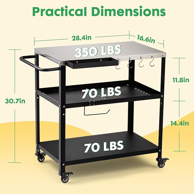 Outdoor Grill Cart Table,Indoor and Outdoor Pizza Oven Table,with 4 Movable Total Lock Casters, Hooks, Side Handle Multifunctional (Stainless Steel Table)