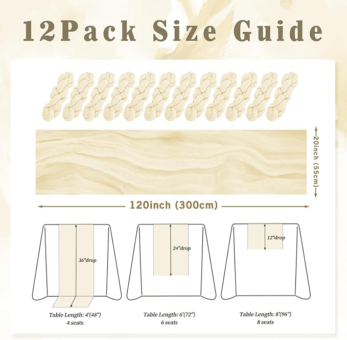 10FT 12 Pack Beige Cheesecloth Table Runner 20 x 120 Inch Long Rustic Gauze Fabric Cheese Cloth Table Runner for Wedding Bridal Baby Shower Table Decorations Boho Sheer Birthday Party Table Decor