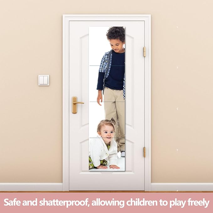 Unbreakable Wall Mirror Full Length,Over the Door Mirror for Bedroom,4Pcs 10inchx10inch Acrylic Mirror Kids,Shatterproof Plexiglass Long Mirrors,Children Non Glass Stick on Mirrors Tiles self adhesive