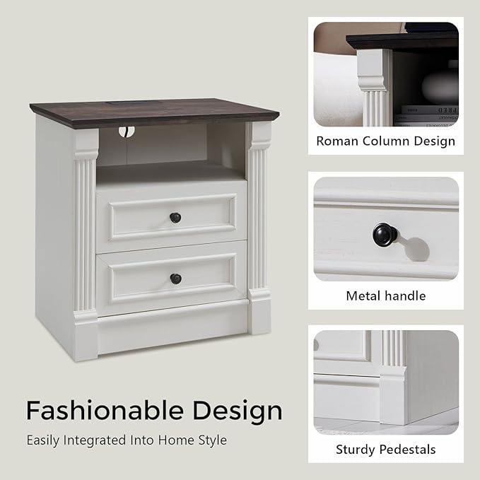 26" Tall Farmhouse Nightstand, 2 Drawers End Table w/Charging Station, 23.6" Wide Large Side Table w/Roman Column, Wood Rustic Sofa Table w/Open Shelf, Bedside Table for Bedroom, White