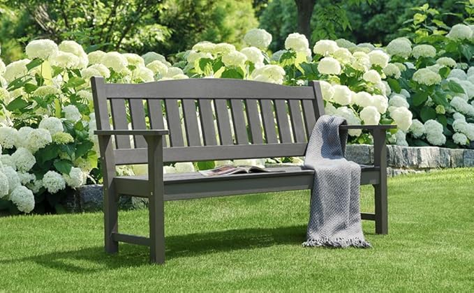 Psilvam 3-Person Outdoor Memorial Bench, All-Weather Poly Lumber Garden Bench, Rot-Resistant Outdoor Patio Bench for Park,Porch,and Church(Grey)