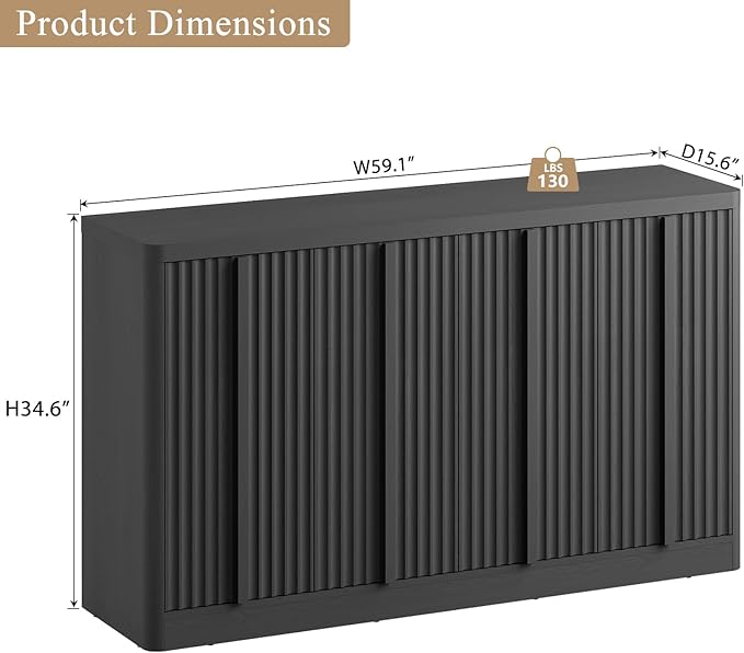 Fluted Buffet Cabinet with Storage, 120" Sideboard Buffet Storage Cabinet with 8 Doors & Adjustable Shelves, Coffee Bar Wood Credenza Cabinet for Kitchen, Dining Room, Living Room, Black(2PCS)