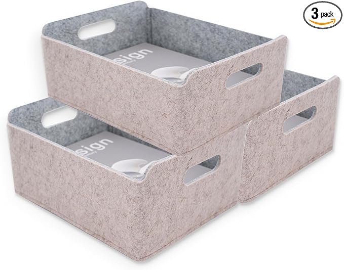 Welaxy Storage Baskets Collapsible Felt Storage bin Foldable Shelf Drawers Organizers for Kids Pet Toys magazine Books Clothes Closet Cabinet decluttering (Oatmeal +Gray)