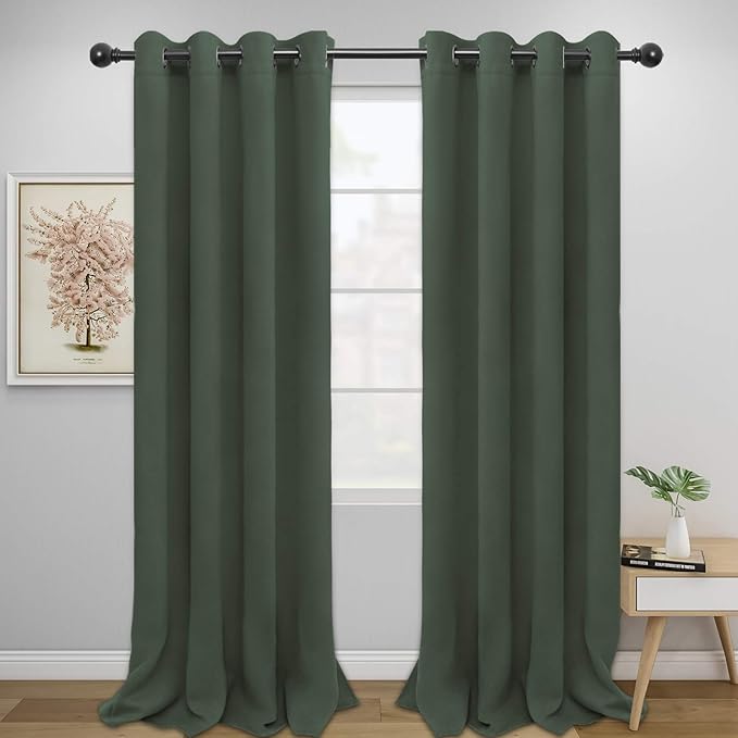 Easy-Going Blackout Curtains for Bedroom, Solid Thermal Insulated Grommet and Noise Reduction Window Drapes, Room Darkening Curtains for Living Room, 2 Panels (52x108 in,Greyish Green)