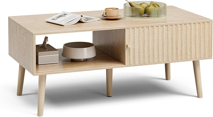 Coffee Table with Storage, Boho Dining Table with Sliding Fluted Door and Solid Wood Legs, Small Coffee Tables for Living Room, Oak