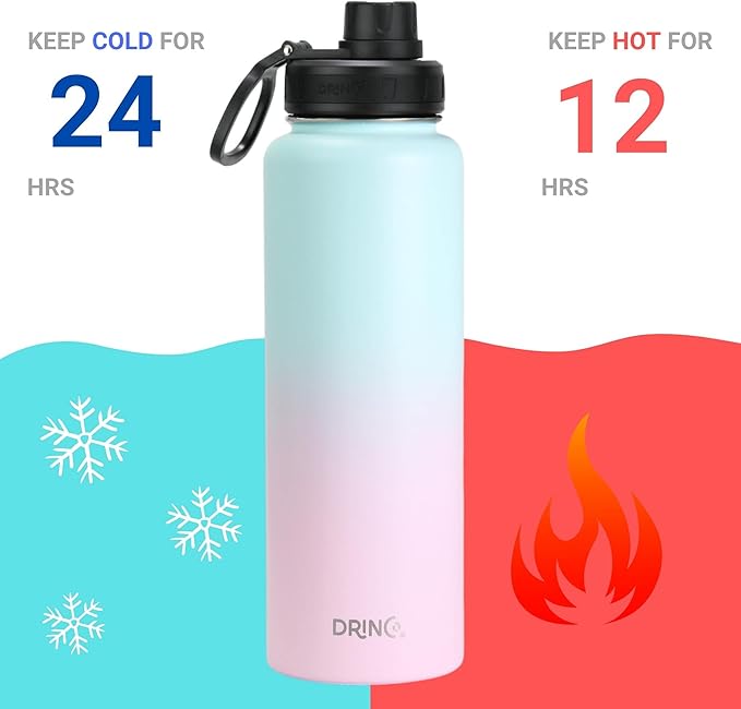 DRINCO Stainless Steel Water Bottle Spout Lid Vacuum Insulated Double Wall Water Bottle Wide Mouth (40oz 32oz 22oz 18oz 14oz) Leak Proof Keeps Cold or Hot (40 oz, 40oz Macaron)