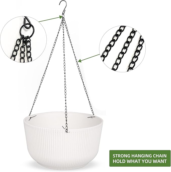 Dexceder 9.8 Inch Self Watering Hanging Planters Indoor Outdoor, Thickened Hanging Basket Flower Plant Pot (2 Pack, White)