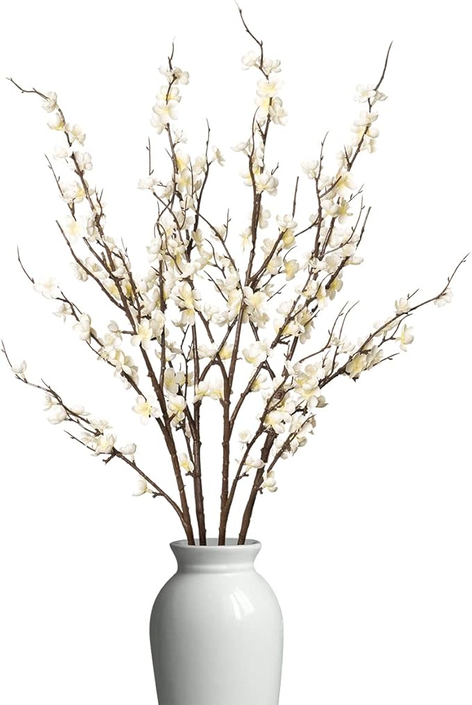 4Pcs Cherry Blossom Branches Artificial Flowers for Spring Summer Indoor Decoration,Faux Long Stem Artificial Flowers for Wedding Home Office Bedroom Party Table Centerpieces Decor(White)