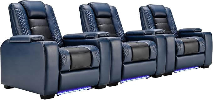 ANJ Power Home Theater Seating Set of 3, Blue Faux Leather Electric Recliner Chair with Powered Headrest, Dual Motors Movie Reclining Chairs with LED Lights,USB Port,Cup Holders, Hidden Arm Storage