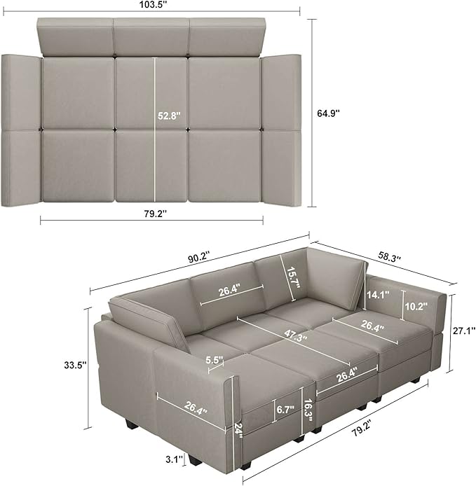 Belffin Modular Velvet Sectional Sofa with Chaise Lounge Sectional Sleeper Sofa with Storage Chaise Bed Couch for Living Room Grey