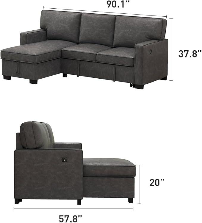EBELLO Convertible Sleeper Sofa 3 in 1, Faux Leather Modern L-Shaped Couches for Living Room, Pull Out Sectional Futon Sofa Bed with Storage Space, USB Ports and Cup Holders for Bedroom