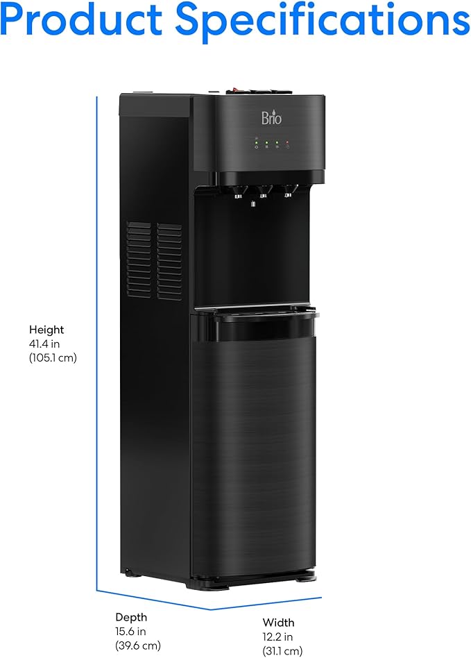 Brio Self Cleaning Bottom Loading Water Cooler Water Dispenser – Black Stainless Steel - 3 Temperature Settings - Hot, Room & Cold Water