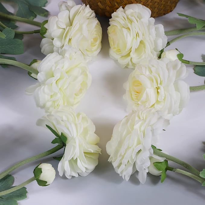 Artificial Ranunculus Long Stem Buttercup Silk Flowers 6pcs for Home Decor and Wedding Decorations(White 1)