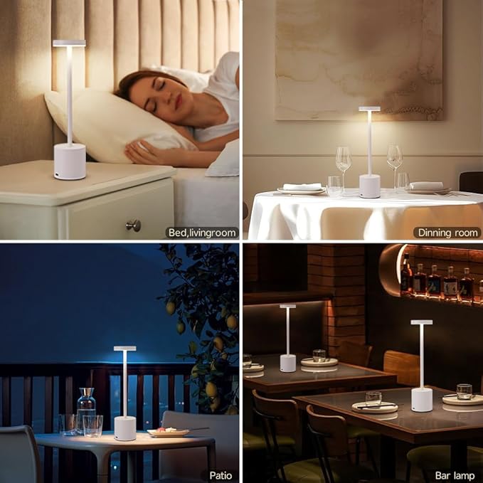 Cordless Table Lamp, 5000mAh Rechargeable Battery Powered LED Desk Lamp, Portable Touch Control Outdoor Table Lamps,3 Color Dimmable Light for Restaurant, Patio, Bedroom, Night Lamp (White)