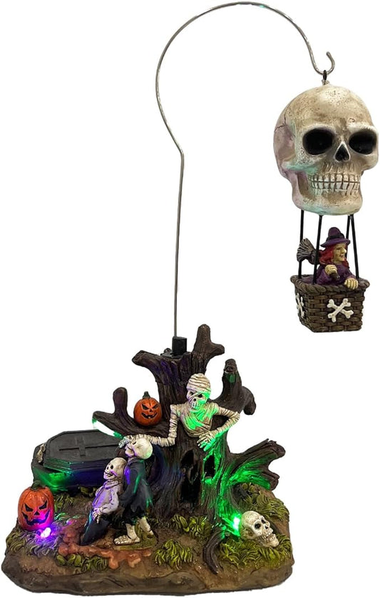 Animated Skull Balloon Ride Halloween Figurine | Spooky Town Collection Accessories with Multi-Color LED, Motion and Sound | 14.13 Inch