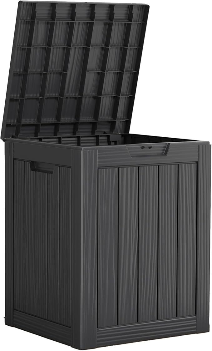 28 Gallon Outdoor Storage Box, Waterproof Durable Resin Deck Box for Indoor & Outdoor Use, Lockable Outdoor Bench, Deck Bin for Patio Furniture, Deliveries, Pool Supplies, Black