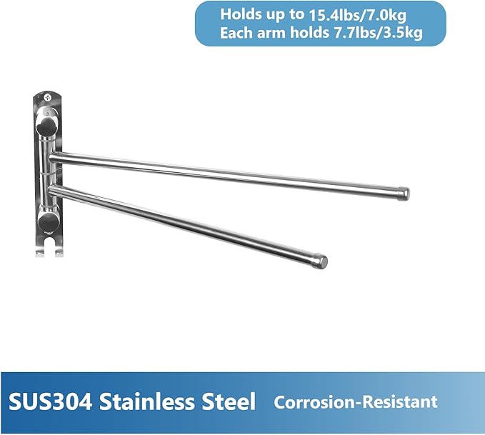 Bathroom Towel Holder JSVER 2 Arms SUS304 Stainless Steel Wall Mounted Towel Bar, Swivel Towel Racks for Bathroom, Kitchen