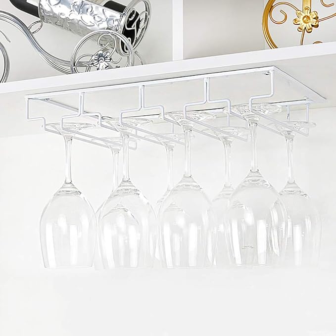 Wine Glass Rack - Under Cabinet Stemware Wine Glass Holder Glasses Storage Hanger 2 Pack Metal Organizer for Bar Kitchen 4 Rows White