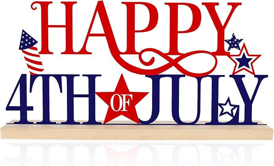 COCHIE Metal Happy 4th of July Sign, Red Blue and White Decorations for Home, Office, Shelf, Mantel, Indoor, Fouth of July Decoration, Patriotic Star Decor (Independence Day)