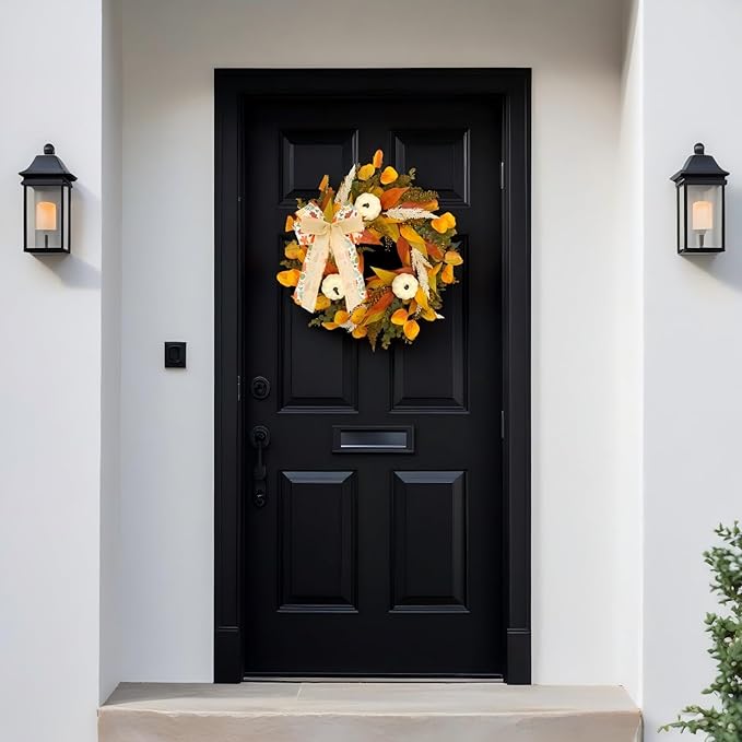 CYANBLOOM Fall Wreaths for Front Door: Rustic 20-22 Inch Bow Wreath with Golden Eucalyptus, White Pumpkins & Wheat - Lovely Warm Vibes Outdoor Indoor Farmhouse Decor for Halloween Thanksgiving Autumn