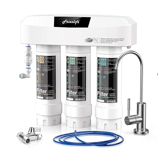 Frizzlife Under Sink Water Filter System with Brushed Nickel Faucet SP99-NEW, NSF/ANSI 42&53 Certified 3-Stage 0.5 Micron Removes Lead, Chlorine, Chloramine, Fluoride, Quick Change, Do not Lower TDS