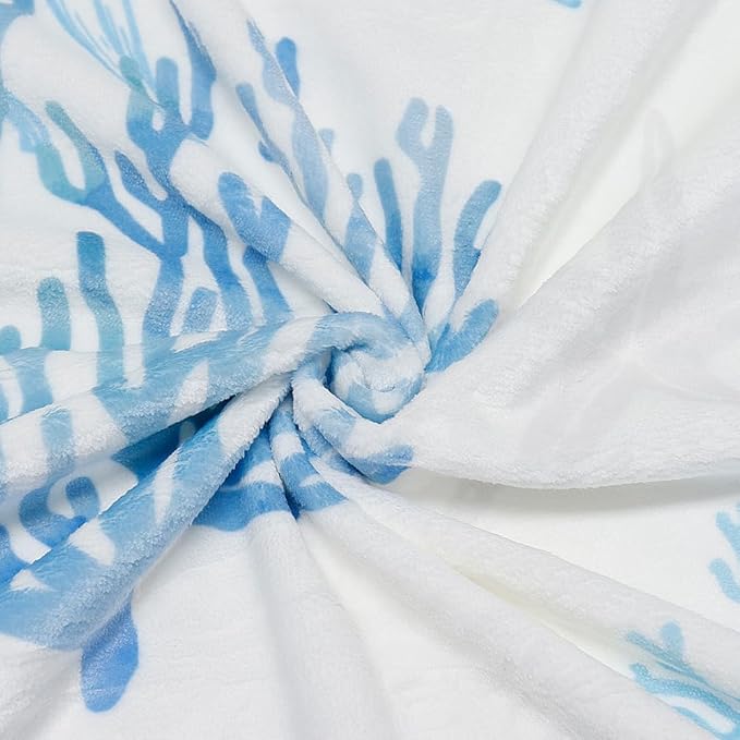 Blue Ocean Beach Throw Blanket Nautical Coastal Bed Blanket Starfish Seashell Coral Blankets Super Soft Flannel Fleece Throw Blanket for Couch Bed Decor “50 x60”