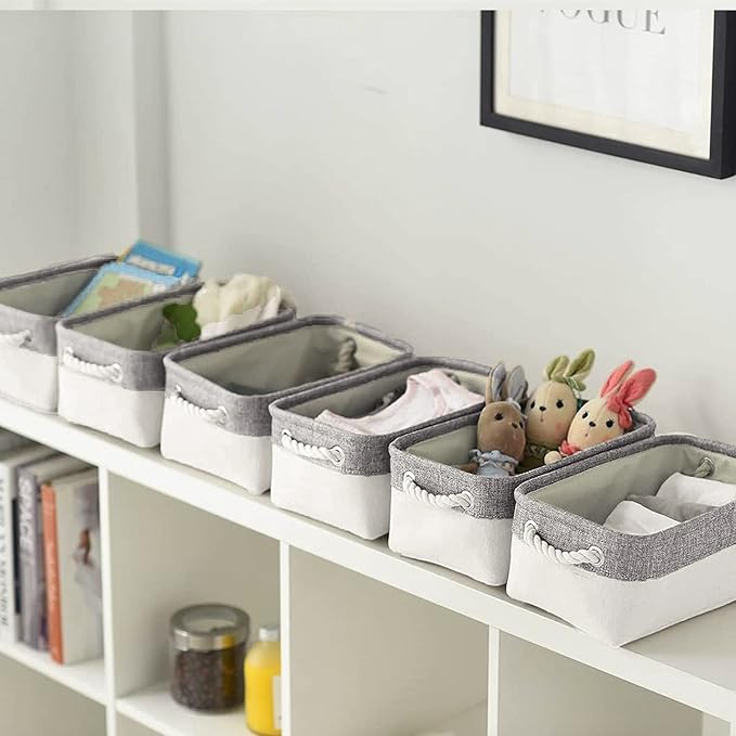 Basket for Organizing Cube Stgorage Bin - Small 6 Pack Fabric Storage Cubes Collapsible Baskets for Shelves with Rope, Bins for Organization Closet Cloth Toy Laundry Canvas (Grey&White 12x8x5.2 inch)