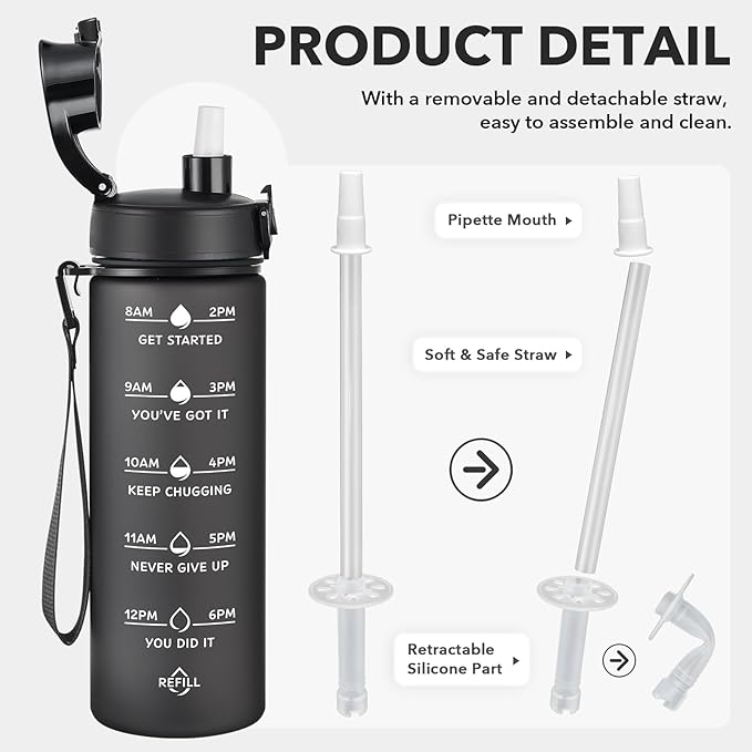 Enerbone Water Bottle, Leakproof BPA & Toxic Free, Motivational Water Bottle with Times to Drink and Straw, Fitness Sports Water Bottle with Strap for Office, Gym, Outdoor Sports
