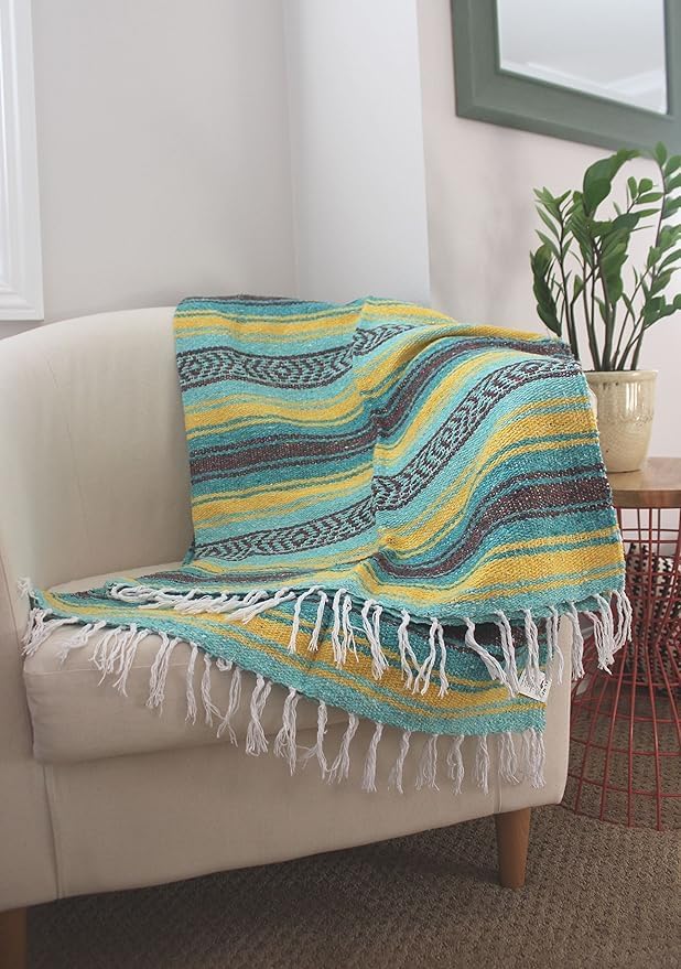 Del Mex Classic Mexican Blanket, Large Authentic Woven Falsa Throw (70"x50"), Artisan Southwest Décor for Beach, Yoga, Outdoors (Teal/Yellow)