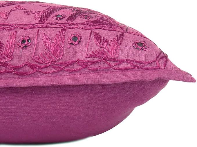 Eyes of India Embroidered Decorative Boho Throw Pillow Cover with Mirrors, Handmade Bohemian Accent Cushion Case for Sofa Couch Bedroom Living Room (Burgundy, 16" x 16")