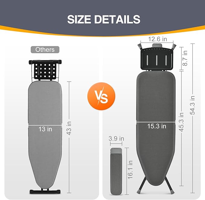 APEXCHASER Ironing Board, Full Szie Iron Board with Iron Rest,Height Adjustable,Extra Thick Heat Resistant Cover with Sleeve Board 15x45 Grey