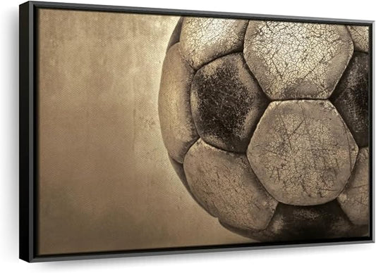 Elephant Stock Worn Soccer Ball Wall Art - Horizontal Framed Canvas - 1-Piece Living Room Wall Decor - Photography sports Canvas Print - Brown and Gray Decor for Wall - 37" X 25"