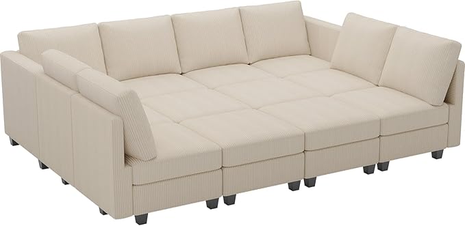 Belffin Oversized 12 Seat Modular Sectional Sleeper Sofa Convertible Sleeper Sofa with Storage Seat Large Corduroy Modular Sectional Couch for Living Room Beige
