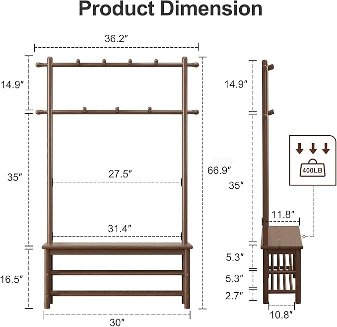 Coat Rack with Shoe Storage, Wooden Hall Tree with Bench, 11 Hooks and 2-Tier Storage Shelves, 3-in-1, Entryway Bench with Coat Rack (39.3"-Walnut)