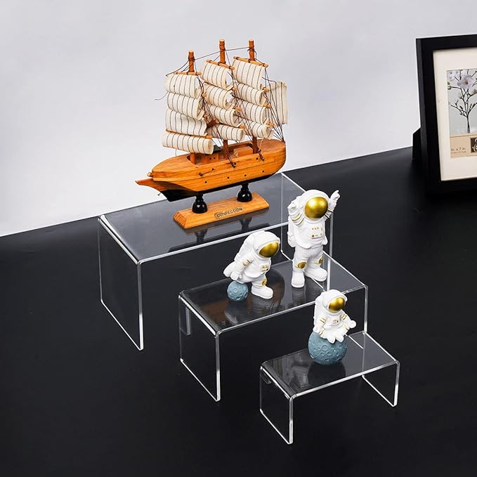 HIIMIEI Acrylic Risers for Display Clear 3-Tier Risers Stands Showcase for Amiibo Funko Pop Figures, Dessert, Jewelry-8.4"x 6.3"x 4.3" (2 Sets)