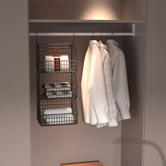 Stackable Wire Storage Baskets for Kitchen Closet Pantry, Hanging Closet Organizers Storage Shelves Organization, Wall Mount Metal Basket Bins, Clothing Vegetable & Fruit Organizer 3 pcs