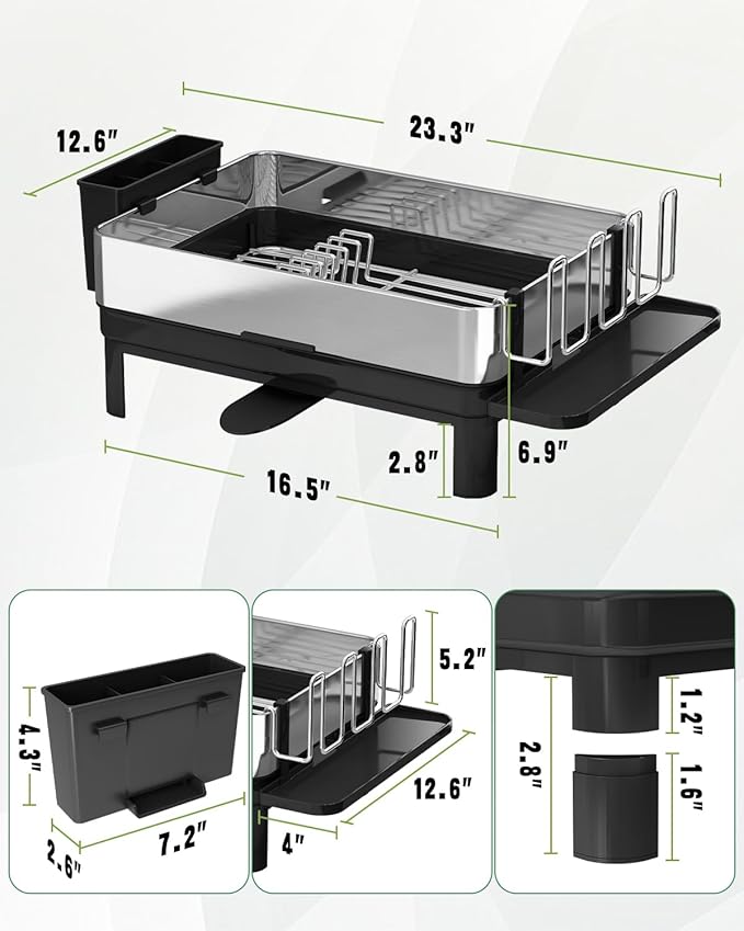 BOOSINY Stainless Steel Dish Drying Rack, Dish Racks for Kitchen Counter, Rust Proof Dish Drainer and Drainboard Set, Small Dryer with Drainage, Utensil Holder and Cup Holder