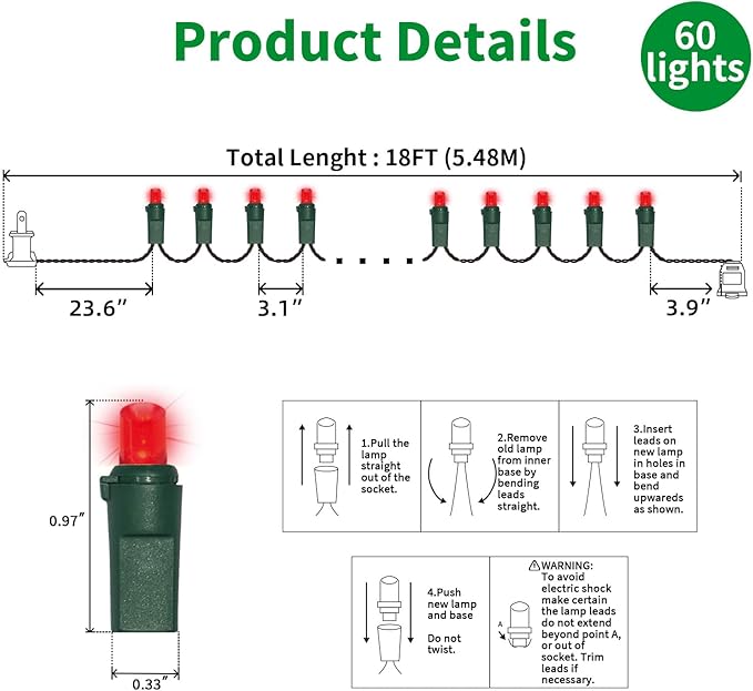 60 Count Red -String Lights - LED Christmas Lights, Mini led Lights for Indoor Outdoor Home Holiday Party Wedding Independence Day Decoration