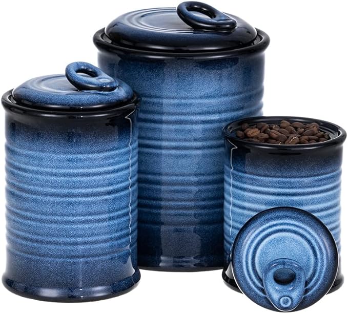 Nihow Food Storage Jar Sets: Ceramic Container with Air Tight Lid for Flour/Sugar/Rice/Coffee/Cookies/Candy - Seal Damp-proof Canister for The Kitchen - Set of 3 （Blue & Black）