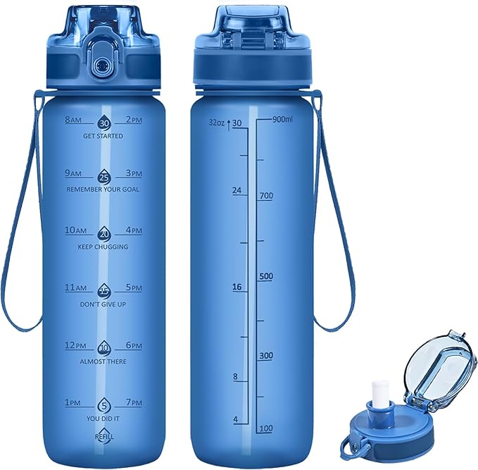 32oz Motivational Water Bottles with Time Marker & Fruit Strainer, Transparent Gradient Color Water Bottle with Times to Drink, Leakproof & BPA Free, Reusable Bottle with Strap (No Straw)