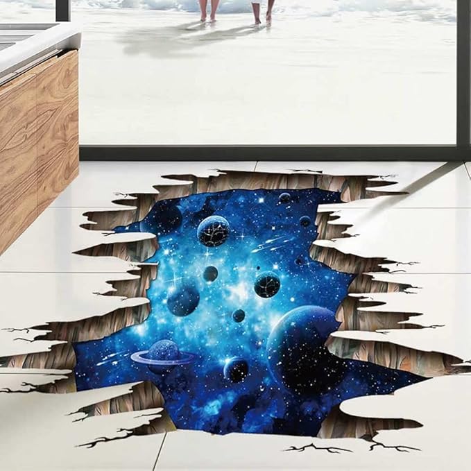 3D Space Floor Sticker,Blue Galaxy Wall Decal-Removable Mural for Kids Bedroom Living Room Milky Way Decorations