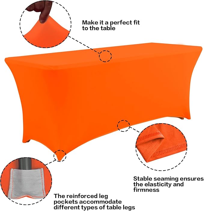 IVAPUPU 4FT Table Cloth for Rectangular Fitted Events Stretch Orange Table Covers Washable Cover Spandex Tablecloth Protector for Party, Wedding, Cocktail, Banquet, Festival