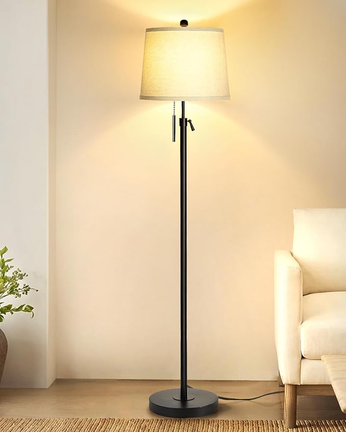 Floor Lamps for Living Room, Black Floor Lamp Adjustable Height Standing Lamp, Dimmable Modern Tall Floor Lamp for Bedroom Office with Beige Linen Shade, 8W 3000K Bulb Included
