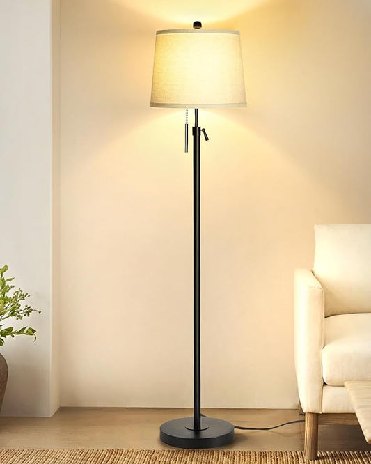 Floor Lamps for Living Room, Black Floor Lamp Adjustable Height Standing Lamp, Dimmable Modern Tall Floor Lamp for Bedroom Office with Beige Linen Shade, 8W 3000K Bulb Included