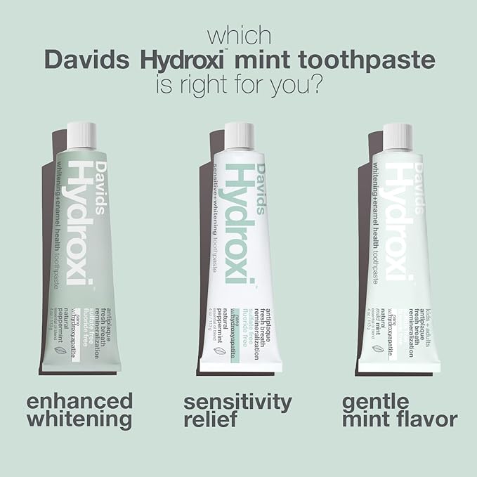 Davids Hydroxi Fluoride Free Nano Hydroxyapatite Toothpaste for Remineralizing Enamel & Sensitive Relief, Whitening, Antiplaque, SLS Free, Natural Peppermint, 5.25oz, Made in USA