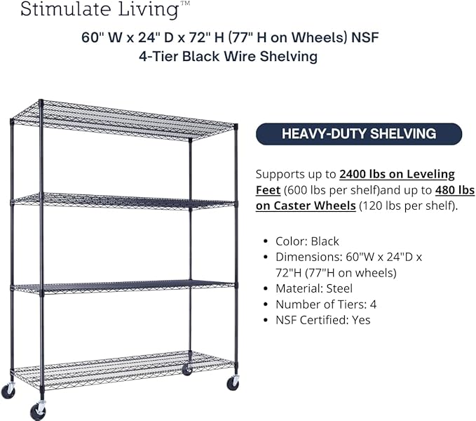 60"x24"x72" PRIME HEAVY DUTY Black 4-Tier Wire Shelving NSF 2400 LBS MAX Capacity Storage Rack for Commercial, School, Home, Garage, Warehouse, Industrial, and Hospital Uses (with Wheels)