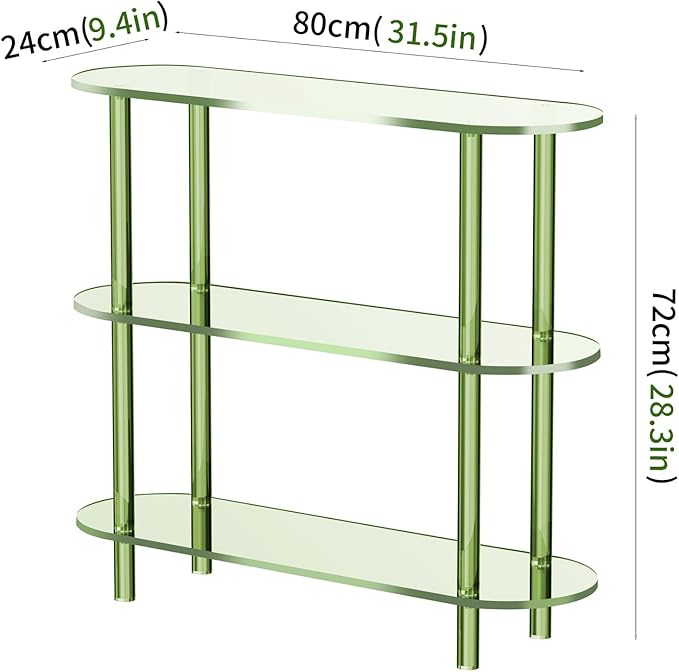 Clear Bookshelf, Acrylic Bookcase with Open Book Shelf Console Table for Entryway Office (3 Tier Green)
