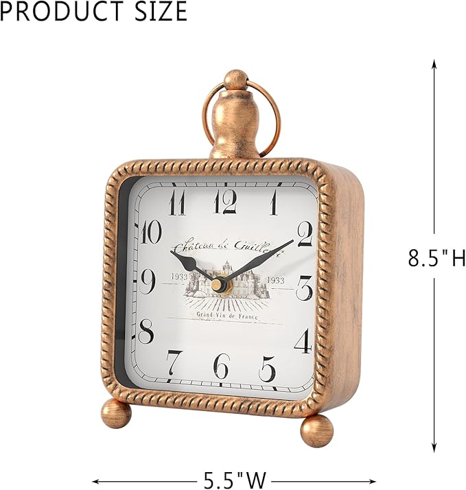 Vintage Gold Table Clock on Stand, Desk and Shelf Decor Clock, French Rustic Style Non-Ticking Mantel Clocks for Farmhouse, Living Room, Bedroom, Bedside, Gift (8.5" H x 5.5" W)