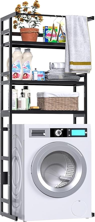 Dryer Storage Shel andf Over The Washer - Adjustable 4-Tier Heavy Duty Laundry Room Organizer, All Carbon Steel Standing Shelf with Hanging Rod, Anti-Tip Design, Super Stable 29.93" L x 11" D x 73" H